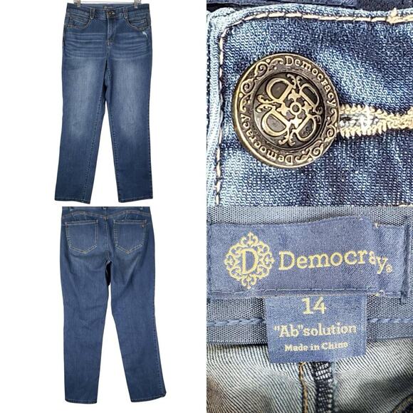Democracy Jeans Ab Solution Womens Size 14 Blue Denim Distressed Straight - Picture 1 of 10